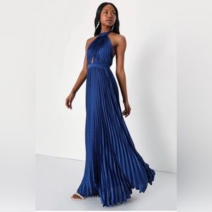 Midnight Moves Navy Blue Pleated Satin Cutout Halter Maxi Dress
Lulus